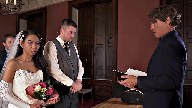 VIP4K. Couple starts in front of the guests after wedding ceremony