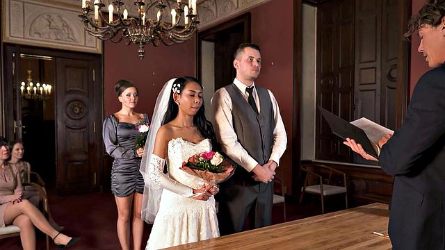 VIP4K. Couple starts in front of the guests after wedding ceremony