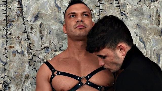 Leather harness hunk drills bottom hairyass stud