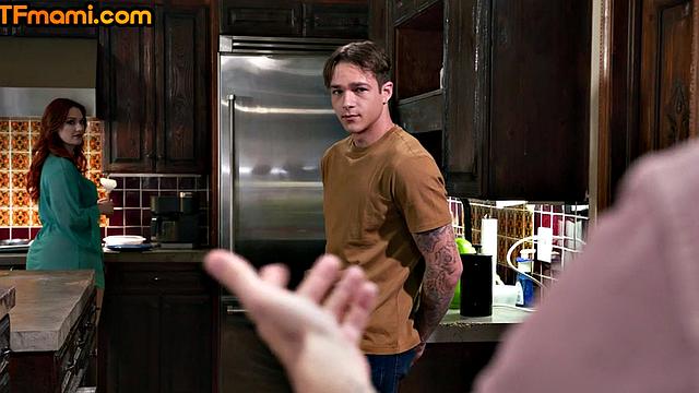 Redhead stepmom riding stepson after deepthroat