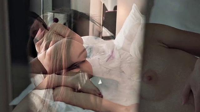 Brunette with small tits and bald pussy gets tied up and licked while fingering herself in thong