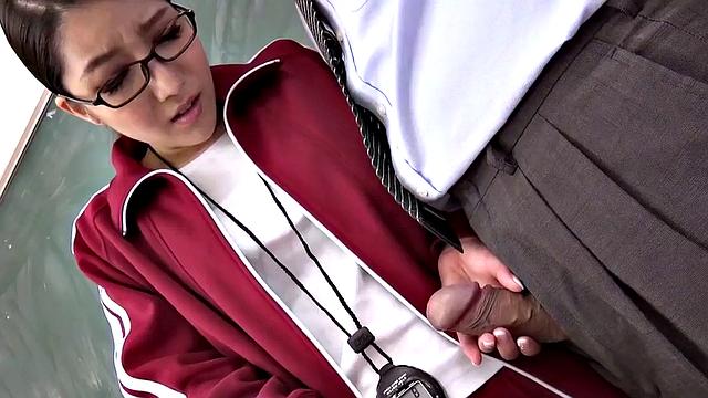 Japanese teacher rides cock in classroom with erotic couple