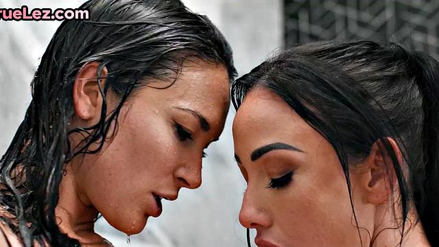 Big-titted lesbo babe rimmed and anal toyed in shower