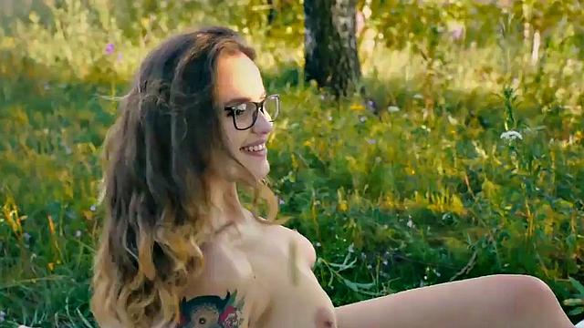Naughty bookworm in sneakers enjoys outdoor sex with old guy and his hung body