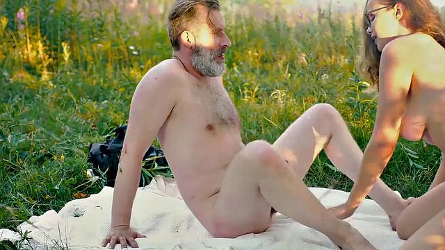 Naughty bookworm in sneakers enjoys outdoor sex with old guy and his hung body