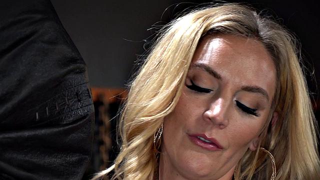 Kinky blonde MILF dominates sub with strap-on & whip in kinky BDSM casting