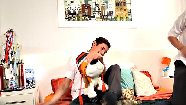 Young Latinos Cedric and Evan are hanging out after classes with each other's big uncut dick in hand.