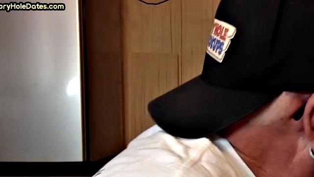 Cocksucking DILF sucks and jerks cock at home