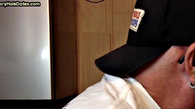 Cocksucking DILF sucks and jerks cock at home