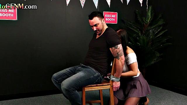 CFNM femdoms suck and wank cock in voyeur 3some