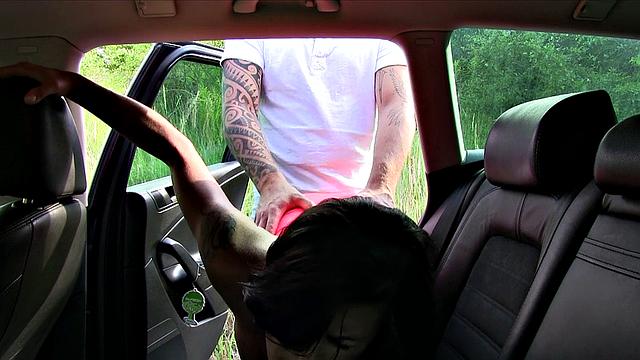 Young tattooed brunette with natural tits enjoys a free ride with a big dick and a hot blowjob