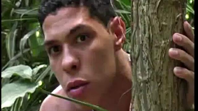 Andre Mello and Rafael Lucio are having sex in the jungle, while Ramon Mendez strokes his big cock a few meters away, until invited to join.
