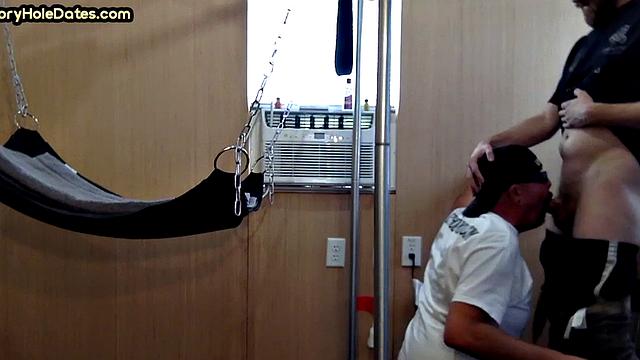 Gloryhole DILF barebacked in sling by stud after cocksucking