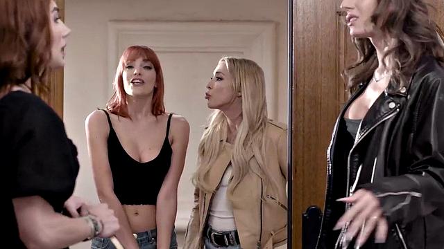 TS babes with big boobs fuck pussy in neighbor orgy