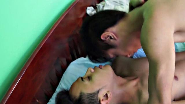 Skinny Asian twink barebacked in asshole after dildo