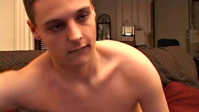 Gunner Raines joins us for a solo. He kicks back on the couch and begins stroking his noodle. But it doesn't stay limp for very long. Soon it is fully erect and he goes to town like a piston.