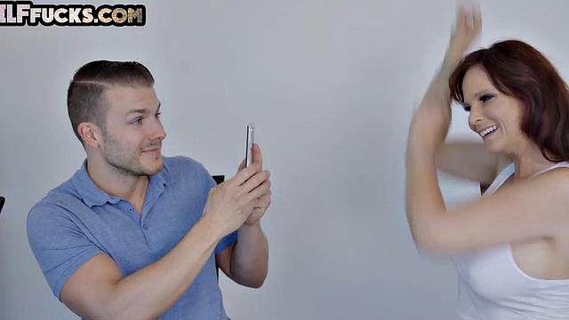 Busty cougar in stockings and heels fucked by stud