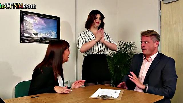 CFNM secretaries suck and wank cock in FFM until cumshot