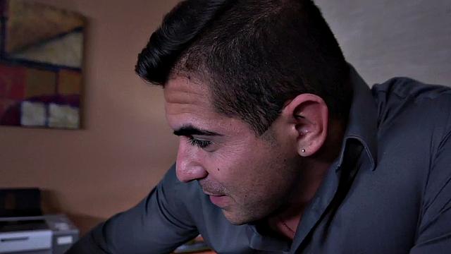 Mesmerized BJ barebacked in office by muscled hunk