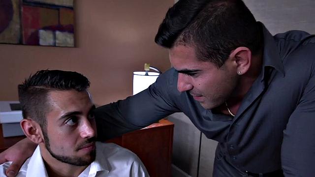 Mesmerized BJ barebacked in office by muscled hunk