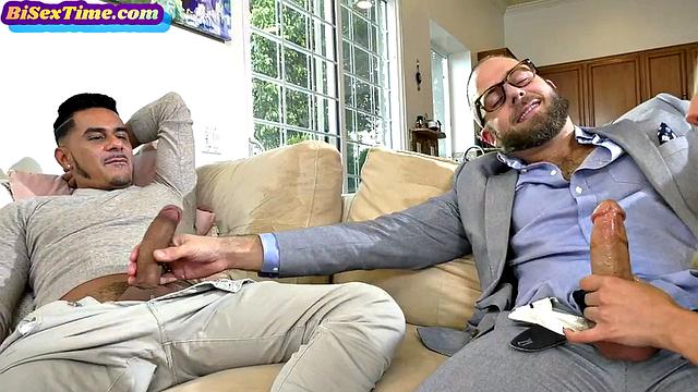 Hairy blonde shared in bi 3some