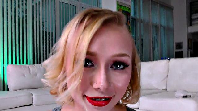 Watch this oily babe tugging and jerking off POV cock while she rubs her petite body on the couch