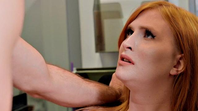 Busty redhead tgirl fucked in office after blowjob