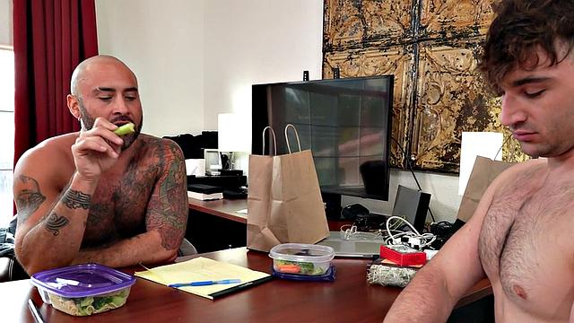 Mesmerized hunk fucks colleague'sasshole in office until cum