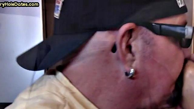 Cum greedy gloryhole DILF sucks in homemade closeup