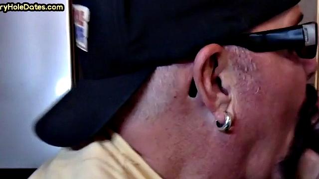 Cum greedy gloryhole DILF sucks in homemade closeup