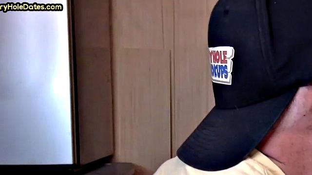 Cum greedy gloryhole DILF sucks in homemade closeup