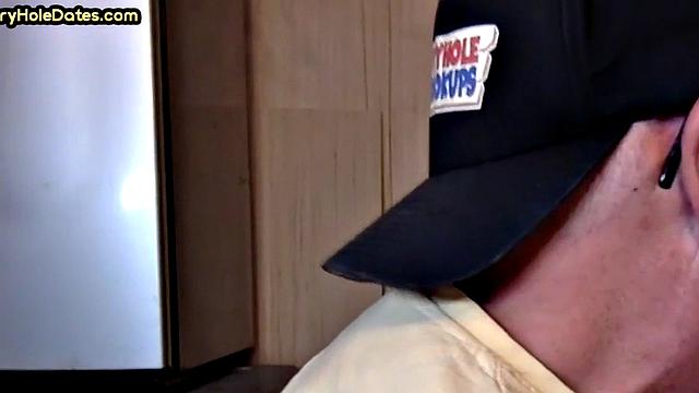 Cum greedy gloryhole DILF sucks in homemade closeup