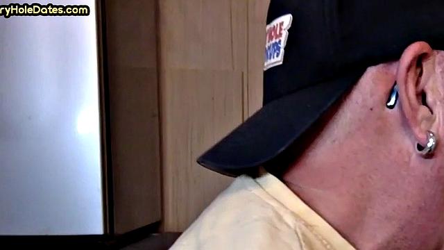 Cum greedy gloryhole DILF sucks in homemade closeup