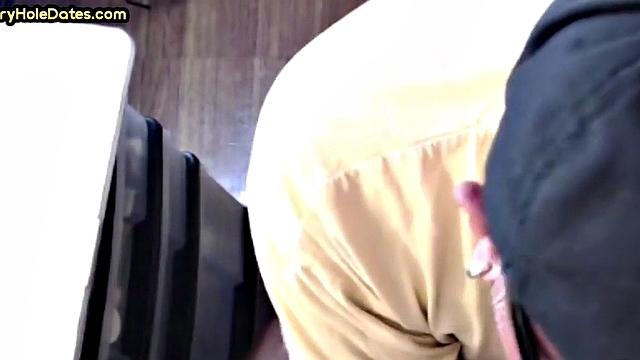 Cum greedy gloryhole DILF sucks in homemade closeup