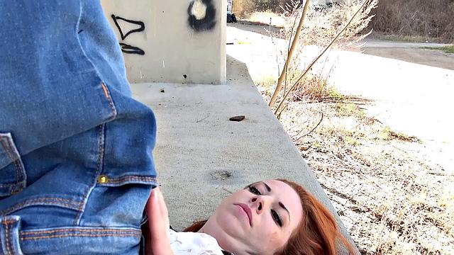 Naughty babe bends over for cash & gets her throat fucked hard outdoors