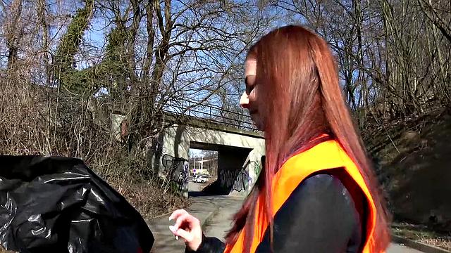 Naughty babe bends over for cash & gets her throat fucked hard outdoors