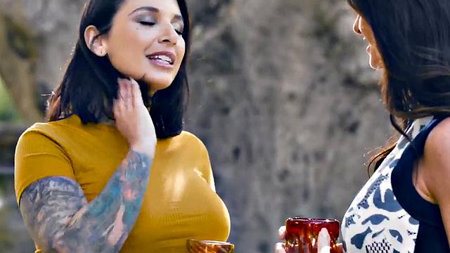 Busty outdoor dykes enjoy pussyeating on table