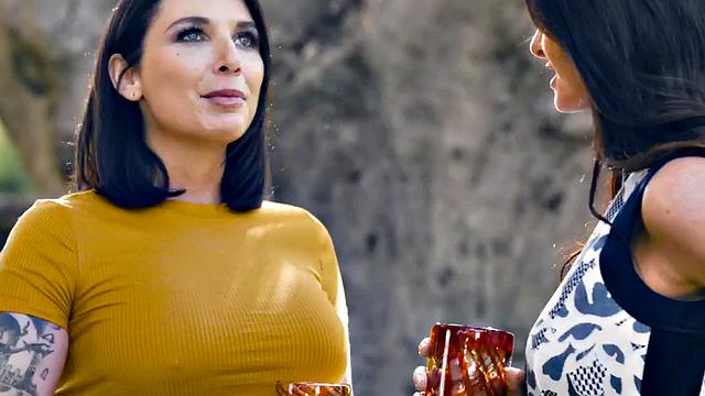 Busty outdoor dykes enjoy pussyeating on table