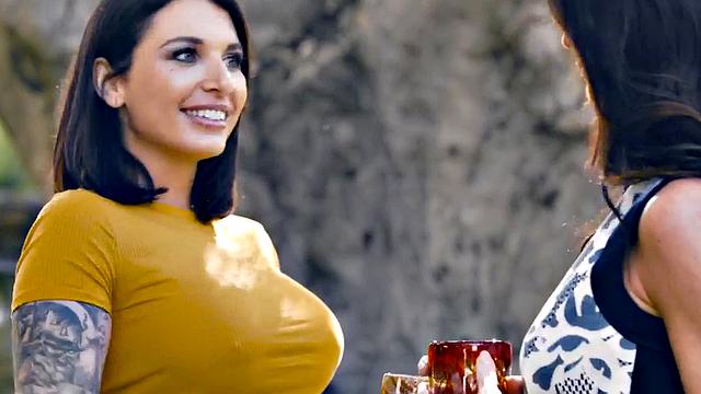 Busty outdoor dykes enjoy pussyeating on table