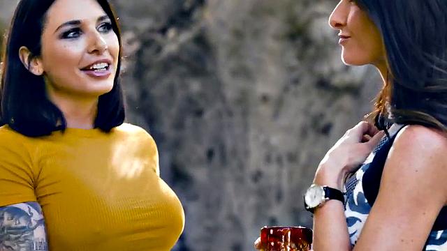 Busty outdoor dykes enjoy pussyeating on table