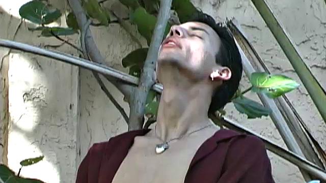 Skinny Latino Gabriel Miera plants his ass on a garden chair and starts stroking. The 19 year old works that hard cock of his until he has edged himself to the point of no return.