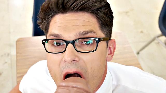 Geeky stud dominated by coed before fisted in classroom