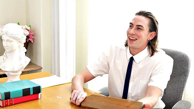 Geeky stud dominated by coed before fisted in classroom