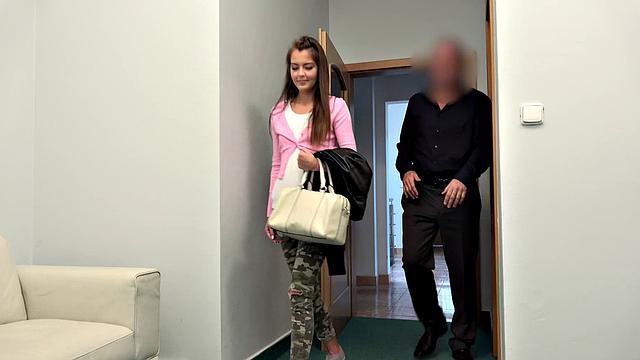 A kinky casting couch session with a bald cutie and a piercing-wearing babe