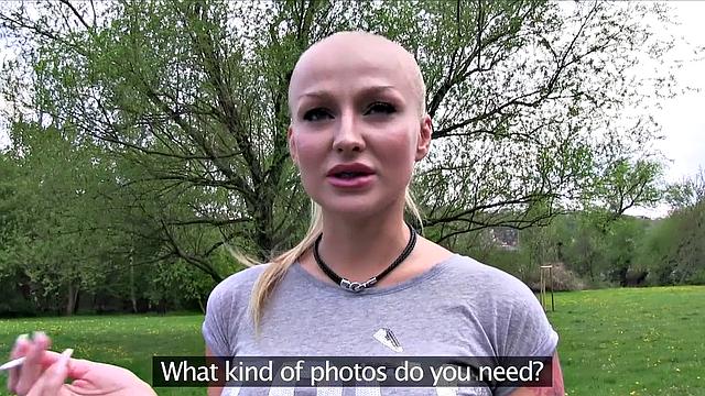 Blonde bombshell with massive tits gets fucked hard in the park, while wearing a bra and ponytail