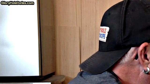 Gloryhole DILF sucks neighbor cock in closeup