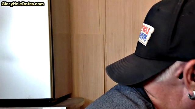 Gloryhole DILF sucks neighbor cock in closeup