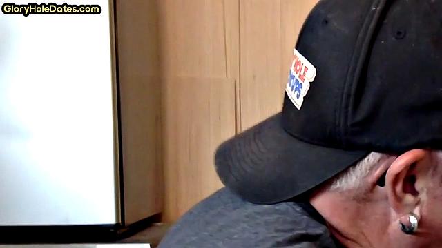 Gloryhole DILF sucks neighbor cock in closeup