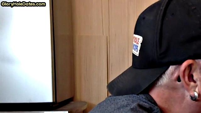 Gloryhole DILF sucks neighbor cock in closeup