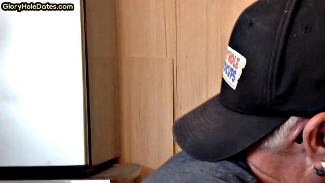 Gloryhole DILF sucks neighbor cock in closeup